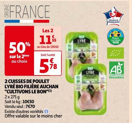 2 CUISSES DE POULET LYRÉ BIO FILIÈRE AUCHAN "CULTIVONS LE BON"