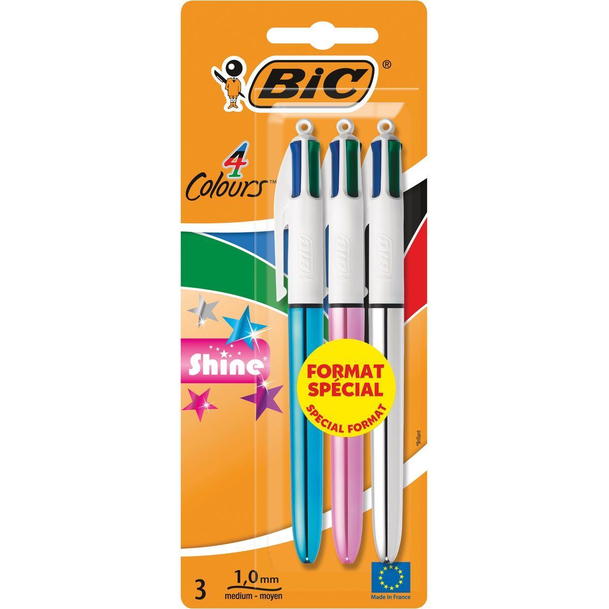 3 STYLOS BILLE 4 COULEURS SHINE BIC