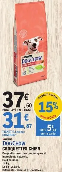 purina  dog chow  sensitive  cket e.leclerc  37% 15% 31,7  prix payé en caisse  avec la carte soit 53  sur la carte  ticket e.leclerc compris  purina  dog chow  croquettes chien  croquettes avec des p