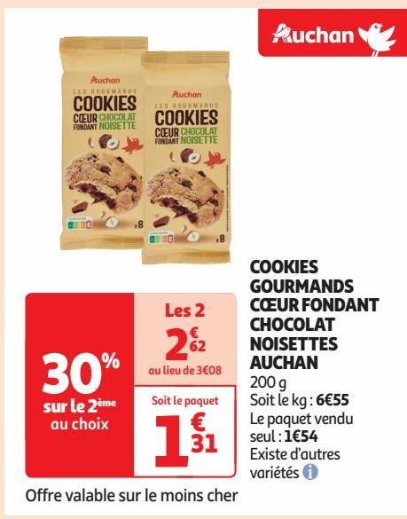 COOKIES  GOURMANDS  CŒUR FONDANT  CHOCOLAT  NOISETTES  AUCHAN