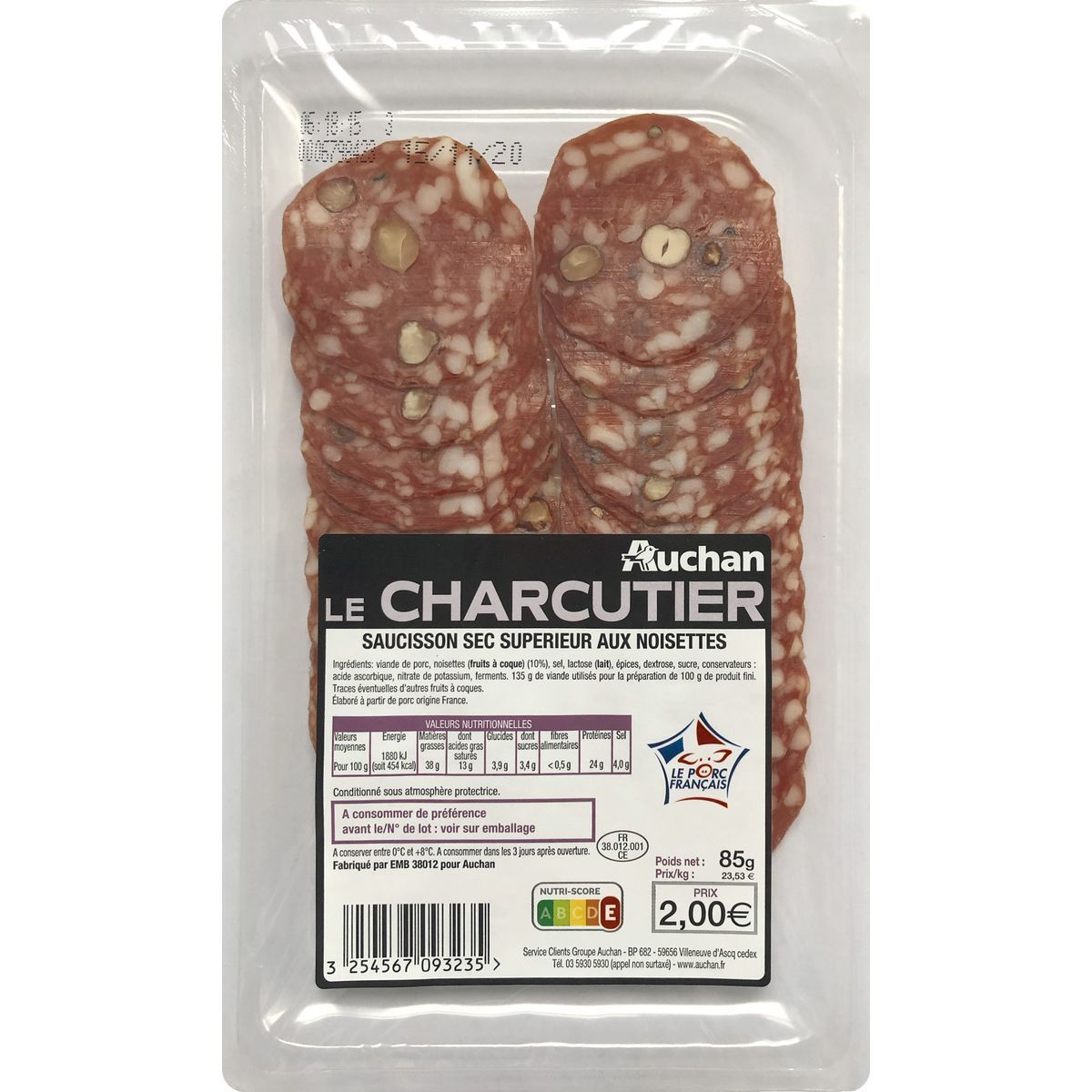 SAUCISSON SEC  TRANCHÉ AUX  NOISETTES  AUCHAN LE  CHARCUTIER