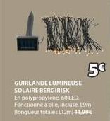 5€  GUIRLANDE LUMINEUSE SOLAIRE BERGIRISK En polypropylene 60 LED. Fonctionne à pile, incluse. Lom (longueur totale: L12m) 41,99€ 
