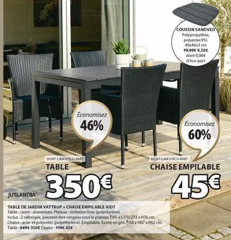 economisez  46%  dont 3,9040eco part  table  350€  jutlandia  table de jardin vattrup + chaise empilable aidt table: cadre: aluminium. plateau: imitation bois (polystyrène). inclus: 2 rallonges, peuve