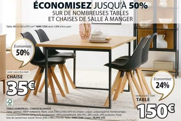 √  fsc  table, 180 x l120 x h75 cm** 169€ 135€ dont 1,80€ d'éco-part  économisez  50%  dont 14sed eco-part  chaise  135€  économisez jusqu'à 50%  sur de nombreuses tables et chaises de salle à manger 
