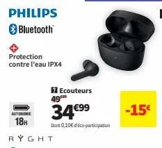 philips  bluetooth  protection contre l'eau ipx4  autonome  18h  ecouteurs  49  34.€99  dont 0,10€ déco-participation  -15€  