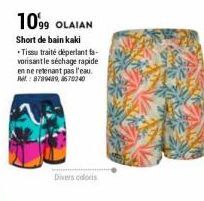10'99 OLAIAN  Short de bain kaki  Tissu traité déperlantta-vorisant le séchage rapide en ne retenant pas l'eau. Ref.: 8789489, 670240  Divers coloris 