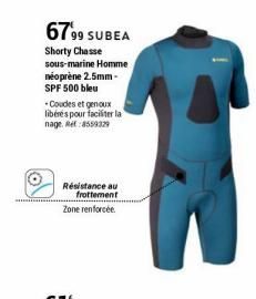 67'99 SUBEA  Shorty Chasse sous-marine Homme néoprène 2.5mm-SPF 500 bleu  -Coudes et genoux libérés pour faciliter la  nage. Ret:8559329  Résistance au  frottement  Zone renforcée. 