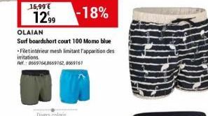 15,99 €  1299  OLAIAN  Surf boardshort court 100 Momo blue  Filet intérieur mesh limitant l'apparition des imitations.  Ref.: 8669164,8669162,8669161  -18% 