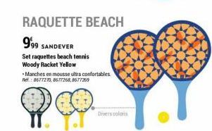 999  SANDEVER  Set raquettes beach tennis  Woody Racket Yellow  RAQUETTE BEACH  - Manches en mousse ultra confortables. Ref.: 8677270, 8677268,8677269  Divers coloris 