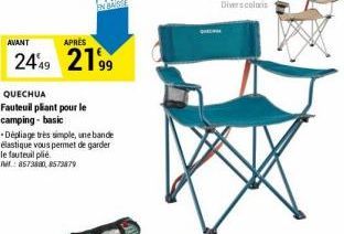 AVANT  APRES  2449 2199  QUECHUA  Fauteuil plant pour le camping - basic  -Dépliage très simple, une bande élastique vous permet de garder le fauteuil plié. AM: 8573880, 8573879 