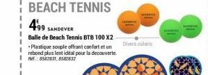 BEACH TENNIS  499 SANDEVER  Balle de Beach Tennis BTB 100 X2 Plastique souple offrant confort et un rebond plus lent idéal pour la decouverte. Ref.: 8582831, 8582832  Divers coloris 