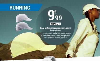 RUNNING  PP  999  KIPRUN  Casquette running ajustable homme femme blanc  *Le composant textile sèche rapidement et évacue facilement votre transpiration Rel: 8487580,8798321,8573011  