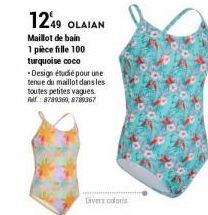1249 OLAIAN  Maillot de bain 1 pièce fille 100 turquoise coco  -Design étudié pour une tenue du maillot dans les  toutes petites vagues.  Ref.: 8789360, 8700367  Divers colors 
