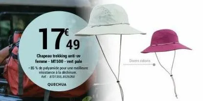 1749  chapeau trekking anti-uv femme mt500-vert pale .85% de polyamide pour une meilleure résistance à la déchirure. ref.: 8731355,8526260  quechua  divers colons 