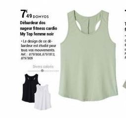 749 DOMYOS  Débardeur dos nageur fitness cardio My Top femme noir  .Le design de ce de-bardeur est étudié pour tous vos mouvements. Ref: 8797808,8797813 8797800  Divers coloris 