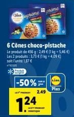 sarpela  prime  -50%  124  BULE  6 Cônes choco-pistache Le produit de 456 g: 2,49 € (1 kg = 5,46 €) Les 2 produits: 3,73 € (1 kg = 4,09 €) soit l'unité 1,87 €  ²255  PRODUT 2.49  prome  LIDL  Plus 