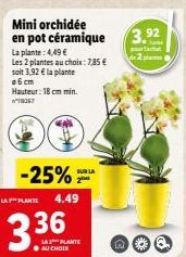 Mini orchidée en pot céramique  La plante: 4,49 €  Les 2 plantes au choix: 7,85 € soit 3,92 € la plante  a6 cm Hauteur: 18 cm min. TH067  -25%  LA PLANTE 4.49  SUR LA  LA PLANTE AU CHOIX  3.92 