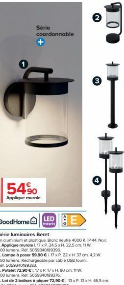 Série  coordonnable  +  5490  Applique murale  GoodHome LEDE  Série luminaires Beret  En aluminium et plastique. Blanc neutre 4000 K. IP 44. Noir. 1. Applique murale I. 17 x P. 24,5 x H. 22,5 cm. 11 W