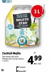18  turgela  cocktail mojito  sans alcool, zéro sucre pratique avec son bec verseur *sc00052  south king cocktail mojito zero  -sans alcool- 3l  3l  4.⁹9  14-156€ 