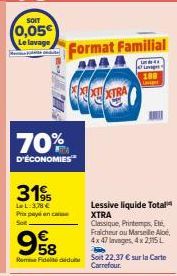 SOIT  0,05€ Le lavage  70%  D'ÉCONOMIES  3195  LeL:3,78 € Prix payé en case  958  Format Familial  Lessive liquide Total XTRA  Classique, Printemps Eté, Fraicheur ou Marseille Aloe, 4x 47 lavages, 4x 