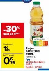 Vindu se  19⁹9  Le 2 produ  0%  Purjus CARREFOUR  MUTRO-SCORE  EXTRA Pomme, IL  Soit les 2 produits: 1,85 € Soit le L: 0,93 € 