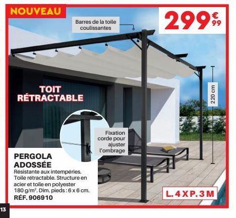 13  NOUVEAU  PERGOLA ADOSSÉE  Barres de la toile coulissantes  TOIT RÉTRACTABLE  Résistante aux intempéries.  Toile rétractable. Structure en acier et toile en polyester 180 g/m². Dim. pieds: 6 x 6 cm