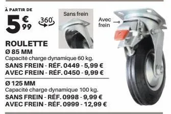 à partir de  599  € 360  sans frein  roulette ø 85 mm  capacité charge dynamique 60 kg. sans frein - ref. 0449 - 5,99 € avec frein - réf. 0450-9,99 €  ø 125 mm  capacité charge dynamique 100 kg. sans 