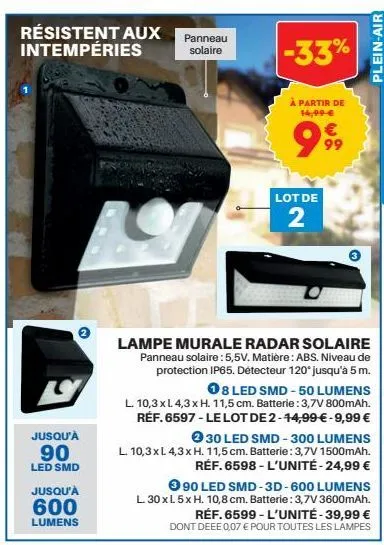 résistent aux panneau intempéries  solaire  jusqu'à  90  led smd  jusqu'à 600 lumens  -33%  à partir de 14,99 €  99⁹9  lot de  2  m  plein-air  lampe murale radar solaire panneau solaire: 5,5v. matièr