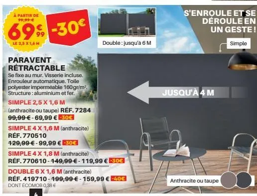 à partir de 99,99 €  69% -30€  99  le 2,5 x 1,6 m  paravent rétractable  se fixe au mur. visserie incluse. enrouleur automatique. toile polyester imperméable 160gr/m². structure: aluminium et fer.  si