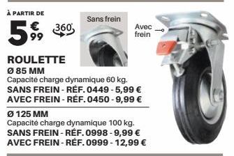 À PARTIR DE  599  € 360  Sans frein  ROULETTE Ø 85 MM  Capacité charge dynamique 60 kg. SANS FREIN- REF. 0449 - 5,99 € AVEC FREIN - RÉF. 0450-9,99 €  Ø 125 MM  Capacité charge dynamique 100 kg. SANS F