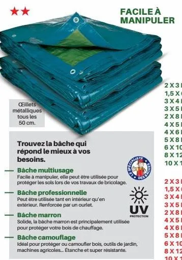 œillets métalliques tous les 50 cm.  trouvez la bâche qui  répond le mieux à vos  besoins.  bâche multiusage  facile à manipuler, elle peut être utilisée pour protéger les sols lors de vos travaux de 