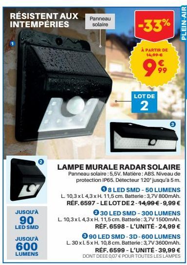 RÉSISTENT AUX Panneau INTEMPÉRIES  solaire  JUSQU'À  90  LED SMD  JUSQU'À 600 LUMENS  -33%  À PARTIR DE 14,99 €  99⁹9  LOT DE  2  M  PLEIN-AIR  LAMPE MURALE RADAR SOLAIRE Panneau solaire: 5,5V. Matièr