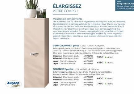 Aubade  Create  ÉLARGISSEZ  VOTRE COMPO!  Meubles de compléments  Dos en panneau MDF Ep 1mm décor Noyerblanchi pour laqué ou Blanc pour métamind Base et séparation en panneau agglomé e Ep. tém décor N