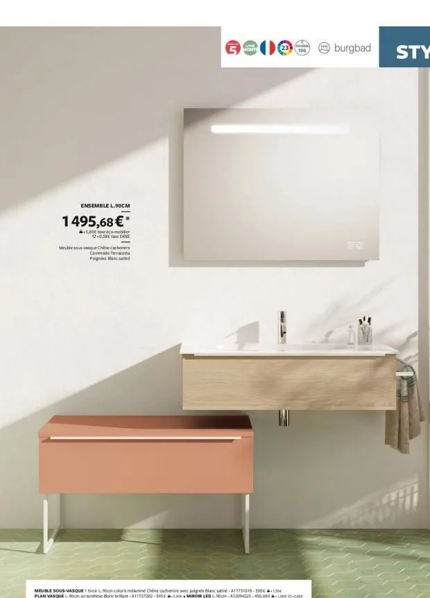 ensemble l.90cm  1495,68 €*  +5,50 taxe co-mobiller 42-0,38€ deee  meuble sous-vasque chênecachemire commode terracotta  poignées blanc satiné  livie monte  god  198  burgbad  