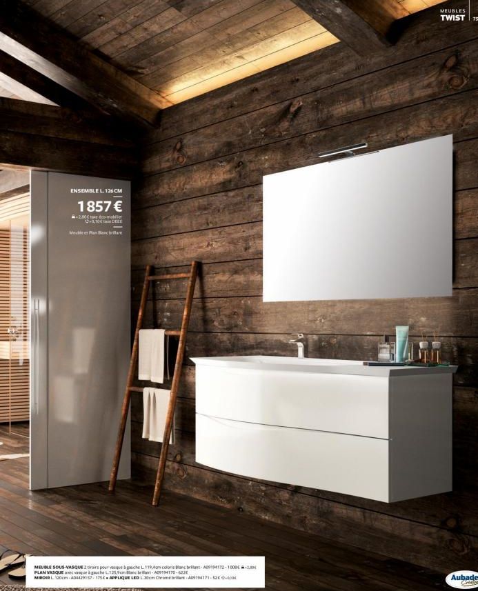 ENSEMBLE L. 126 CM  1857 €  +2.50€ tar éco-mobile +0,10€ DECE  Meuble et Plan Banc brilar  MEUBLE SOUS-VASQUE 2 Broirs pour vasque à gauche L 119,40m coloris Blanc brilant-A09194172-1008€ -2,00€ PLAN 