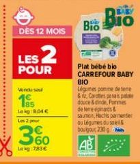 DÈS 12 MOIS  LES 2  POUR  Vondu sel  15  Le kg:804 € Les 2 pour  360  Le kg:783€  Bio Bio  Plat bébé bio CARREFOUR BABY BIO Légumes pomme de teme &riz, Cares panais patte douce &dinde, Pommes de teneé