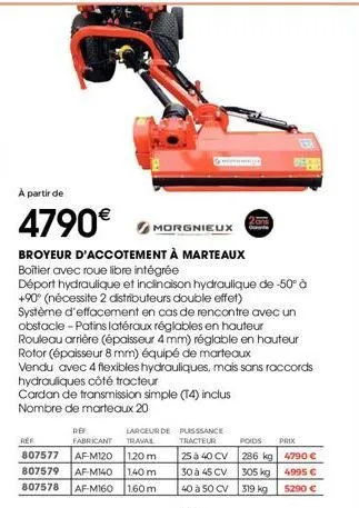 a partir de  4790€ morgnieux  broyeur d'accotement à marteaux  boitier avec roue libre intégrée  déporthydraulique et inclinaison hydraulique de -50° à +90 (nécessite 2 distributeurs double effet)  sy