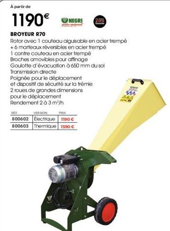 BROYEUR R70  Rotor avec 1 couteau alguisable en acier trempé +6 marteaux réversibles en acier trempé 1 contre couteau en acier trempé Broches amovibles pour affinage Goulotte d'évacuation à 650 mm du 