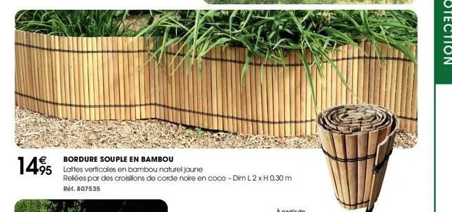 bordure souple en bambou  95 lattes verticales en bambou naturel jaune  1495  rellées par des croisillons de corde noire en coco - dim l 2 x h 0,30 m réf. 807535 