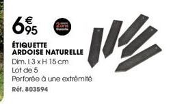 695  €  ÉTIQUETTE  ARDOISE NATURELLE  Dim. 13 x H 15 cm  Lot de 5  Perforée à une extrémité  Réf. 803594  业 