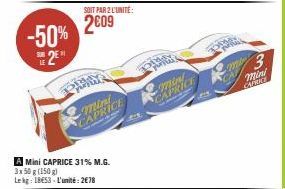 -50% 2⁰  DINY  SOIT PAR 2 L'UNITÉ:  2009  A Mini CAPRICE 31% M.G.  3x50 g (150 g) Lekg: 1853 L'unité: 2€78  Mini CAPRICE  mint CAPRICE  3  mini  CAPRICE 