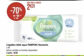 -70%  2⁰  SUB LE  SOIT PAR 2 L'UNITÉ:  2€21  plastic  Lingettes bébé aqua PAMPERS Harmonie  148  Autres variétés ou formas disponibles L'unité: 3€39  Pampers  Harmonie  aqua 