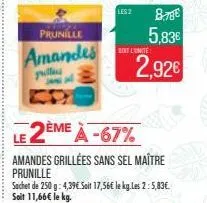 prunille  amandes  pille  les 2  8.78€  5,83€  soit l'unité  2,92€  le 2ème à -67%  amandes grillées sans sel maître prunille  sachet de 250 g: 4,39€.soit 17,56€ le kg.les 2: 5,83€ soit 11,66€ le kg. 