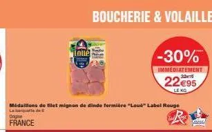 origine  france  médaillons de filet mignon de dinde fermière "loué" label rouge  labaquette de  loue  b  boucherie & volaille  -30%  immediatement  22€95  le kg 