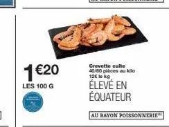 1€20  les 100 g  crevette cuite 40/60 pièces au kilo 12€ lokg  élevé en équateur  au rayon poissonnerie™ 