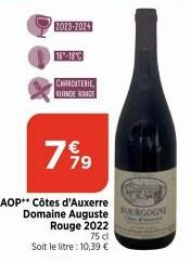AOP Côtes d'Auxerre  Domaine Auguste  Rouge 2022  2023-2024  CHARCUTERIE VIRNDE ROUGE  7 % 9  75 cl  Soit le litre : 10,39 €  BOURGOGNE 