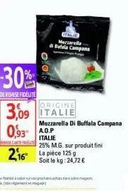 30%  de remise fidelite  remise carte fidelite  marzarella bella campans  origine  italie  3,09  0,93 a.o.p  italie  25% m.g. sur produit fini soit le kg: 24,72 €  mozzarella di buffala campana  216 l