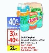 TROPICA  40% Oasis  DERENISE FEELITE  3,35  OASIS Tropical  -40% Le pack & bouteilles x 25 cl  SILM  litre: 2.23 € Les 2:5,36 €  2,685,70 €  Soit le litre: 1,78 € 