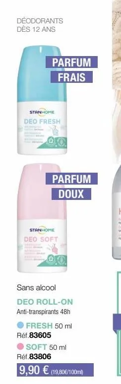 stanhome deo soft : parfum doux, sans alcool, anti-transpirants 48h. 50 ml, 9,90 €