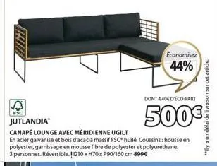 promo jusqu'à 44% : jutlandia canapé lounge avec méridienne ugilt - acier galvanisé et bois d'acacia fsc huilé.
